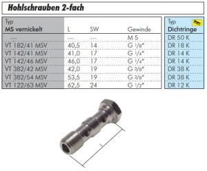 Hohlschrauben zylindrisches Gewinde 2-fach für CK-Verschraubungen Messing vernickelt, alle Größen